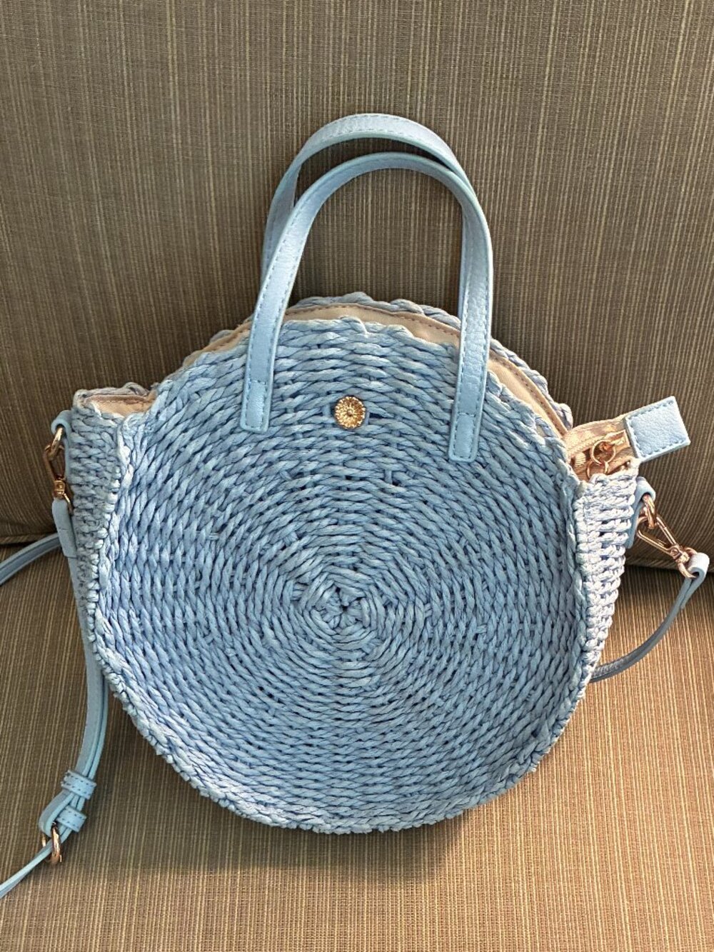 Light Blue Woven Straw Round Crossbody Bag